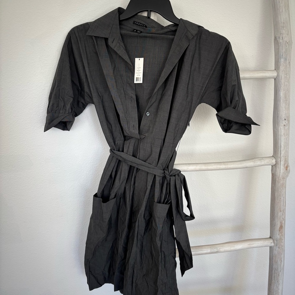 Theory Charcoal Button-Up Dress with Belt